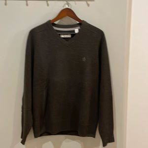 Penguin men’s V-neck sweater, lambswool, size large, olive green